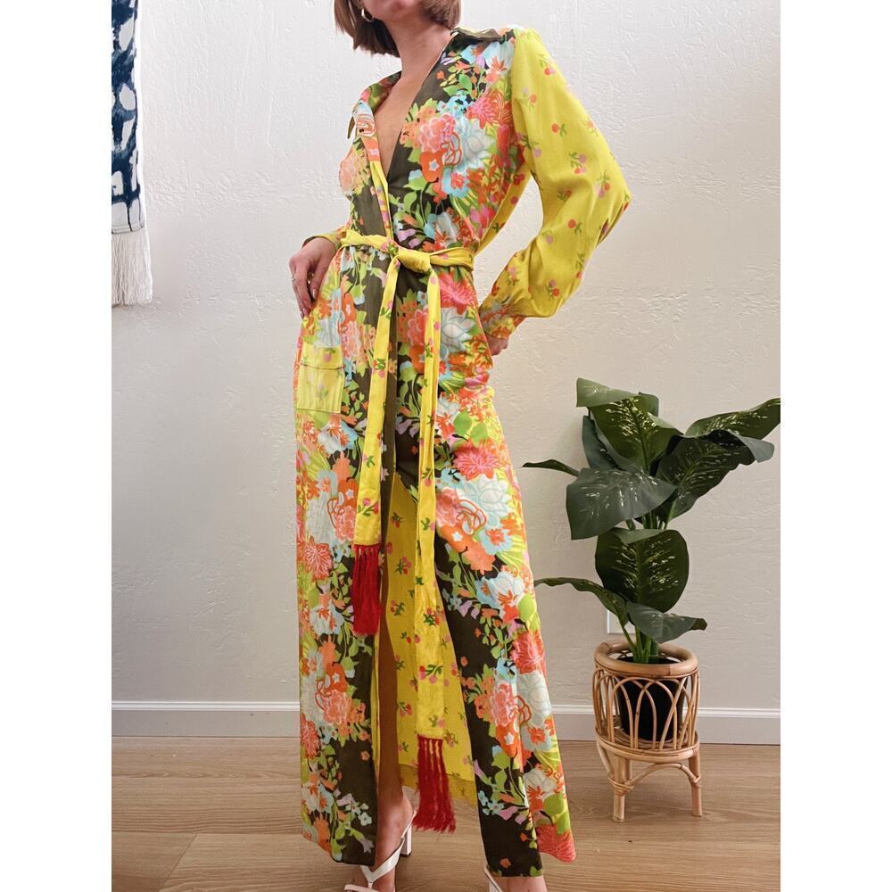 Vintage 1960's Floral Fringe Tie Button Up Cardi Dress
